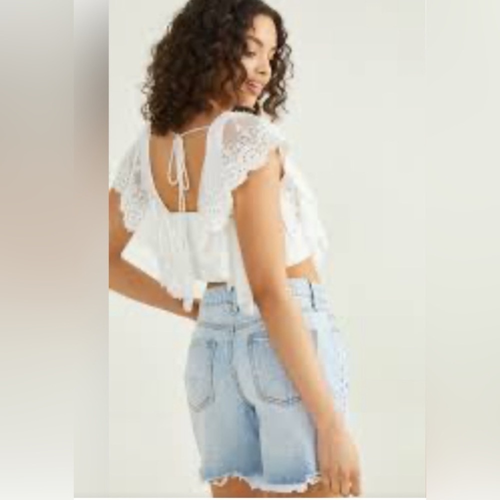 Free People Aurelia Eyelet Top White Cropped Lace Tieback Extra Small EUC - Picture 2 of 6